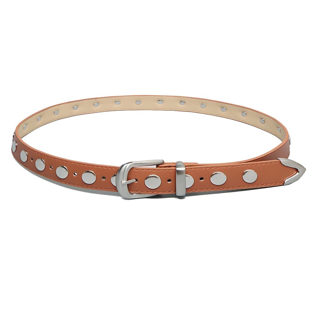 6815 Women Trend Y2k Studded Pu Leather Belt Solid Color Shiny Buckle Waist